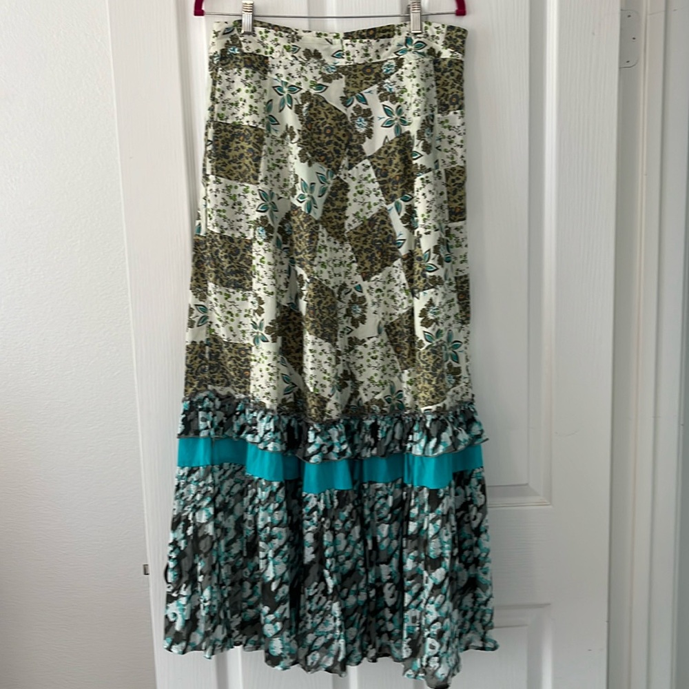 Anthropologie Cream Olive & Teal Patchwork Maxi Skirt